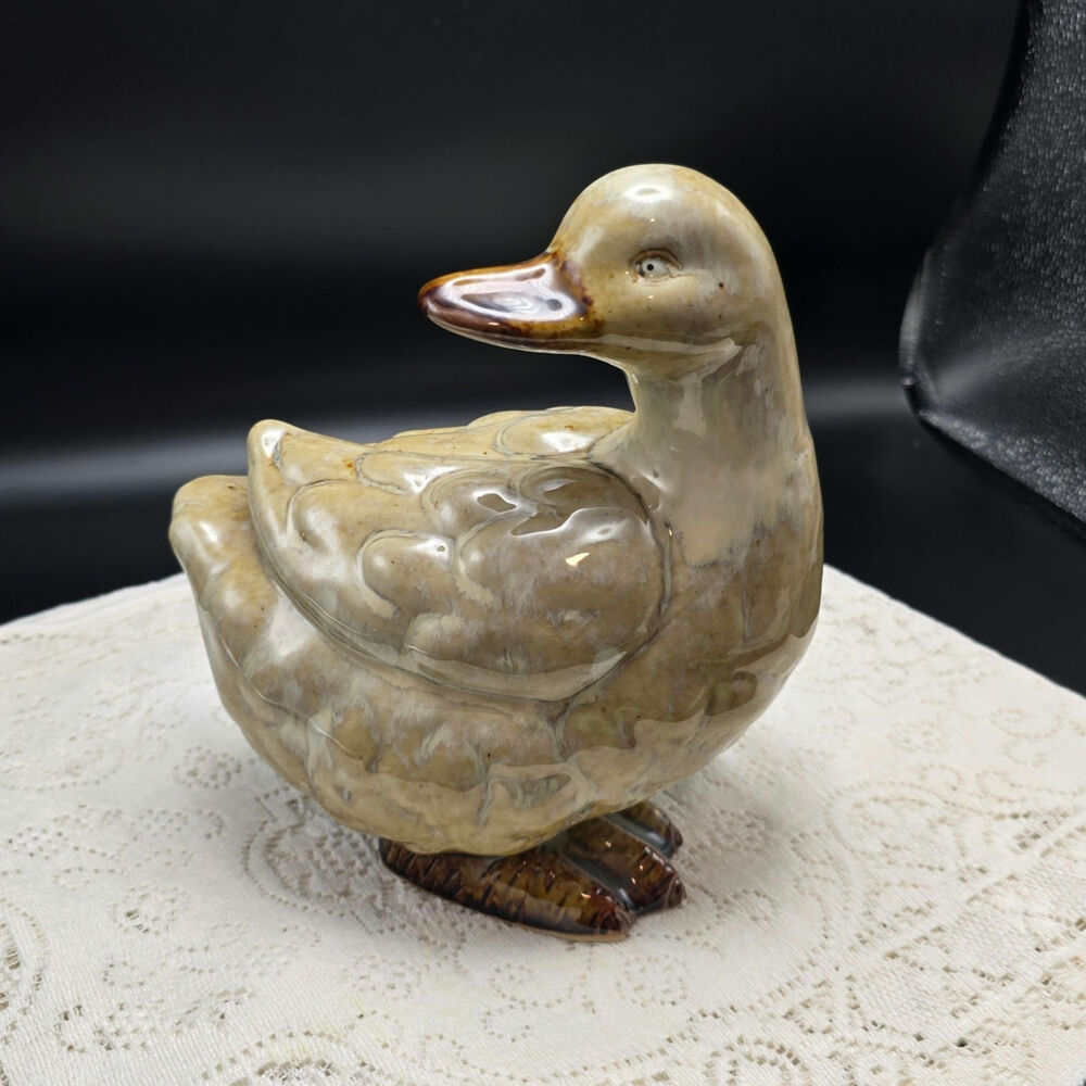 Vintage Ceramic Duck figure Glazeware Brown and White Farmhouse Cottagecore